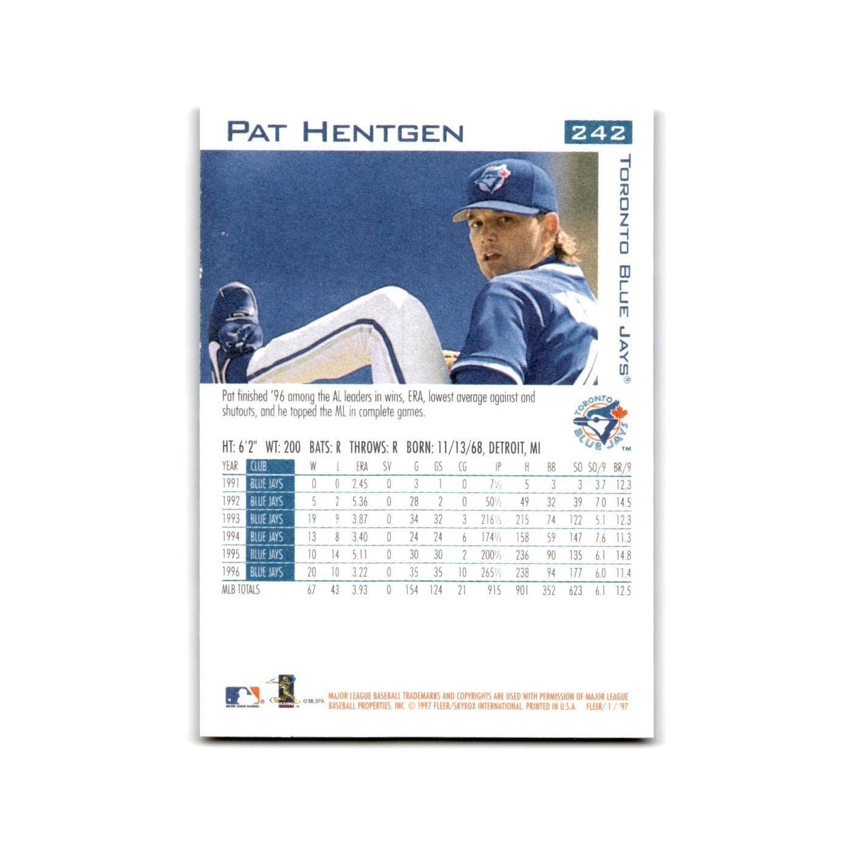 Pat Hentgen 1997 Fleer #242 Toronto Blue Jays Baseball Card NM
