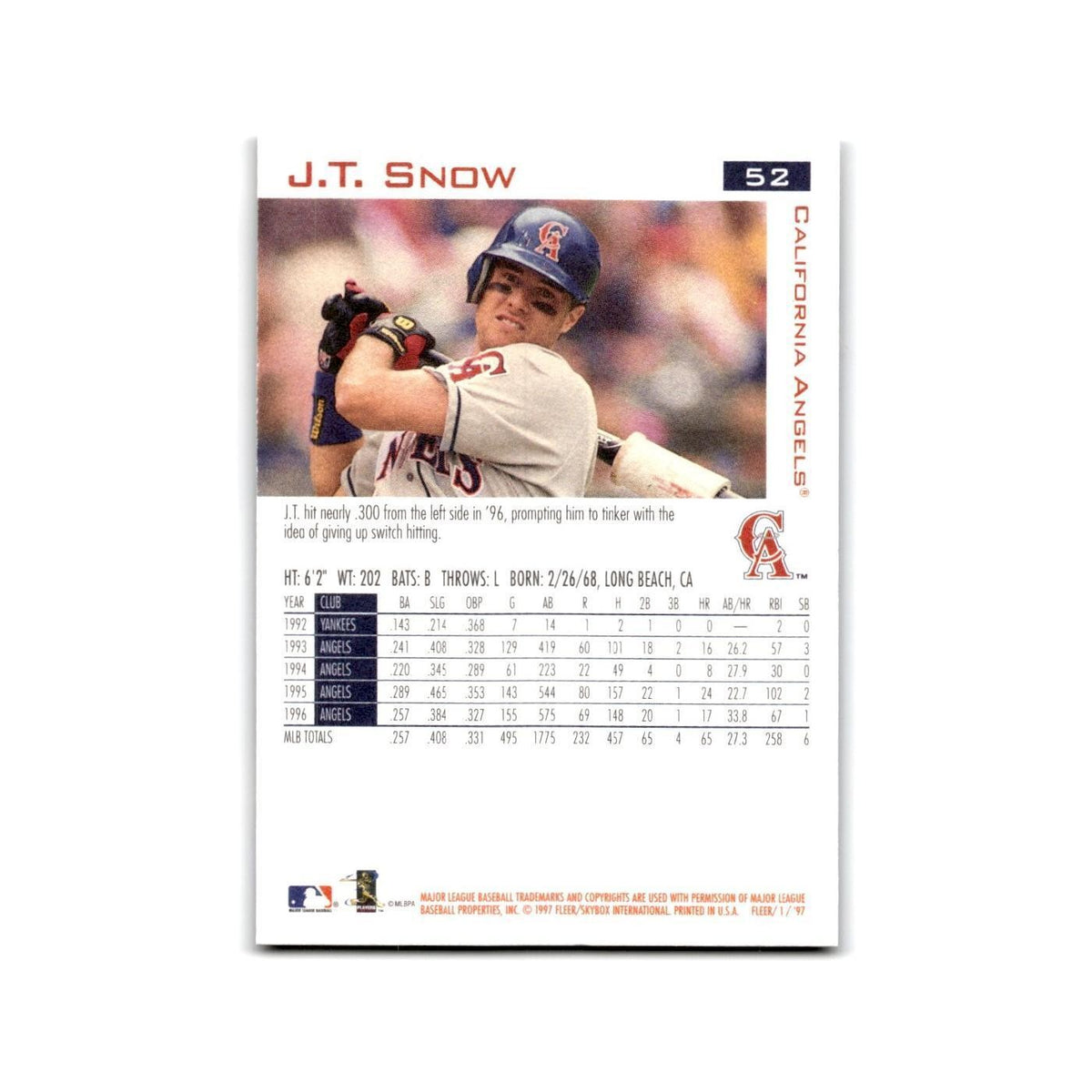 J.T. Snow 1997 Fleer #52 California Angels Baseball Card NM