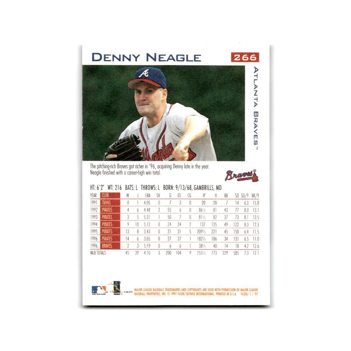 Denny Neagle 1997 Fleer #266 Atlanta Braves Baseball Card NM