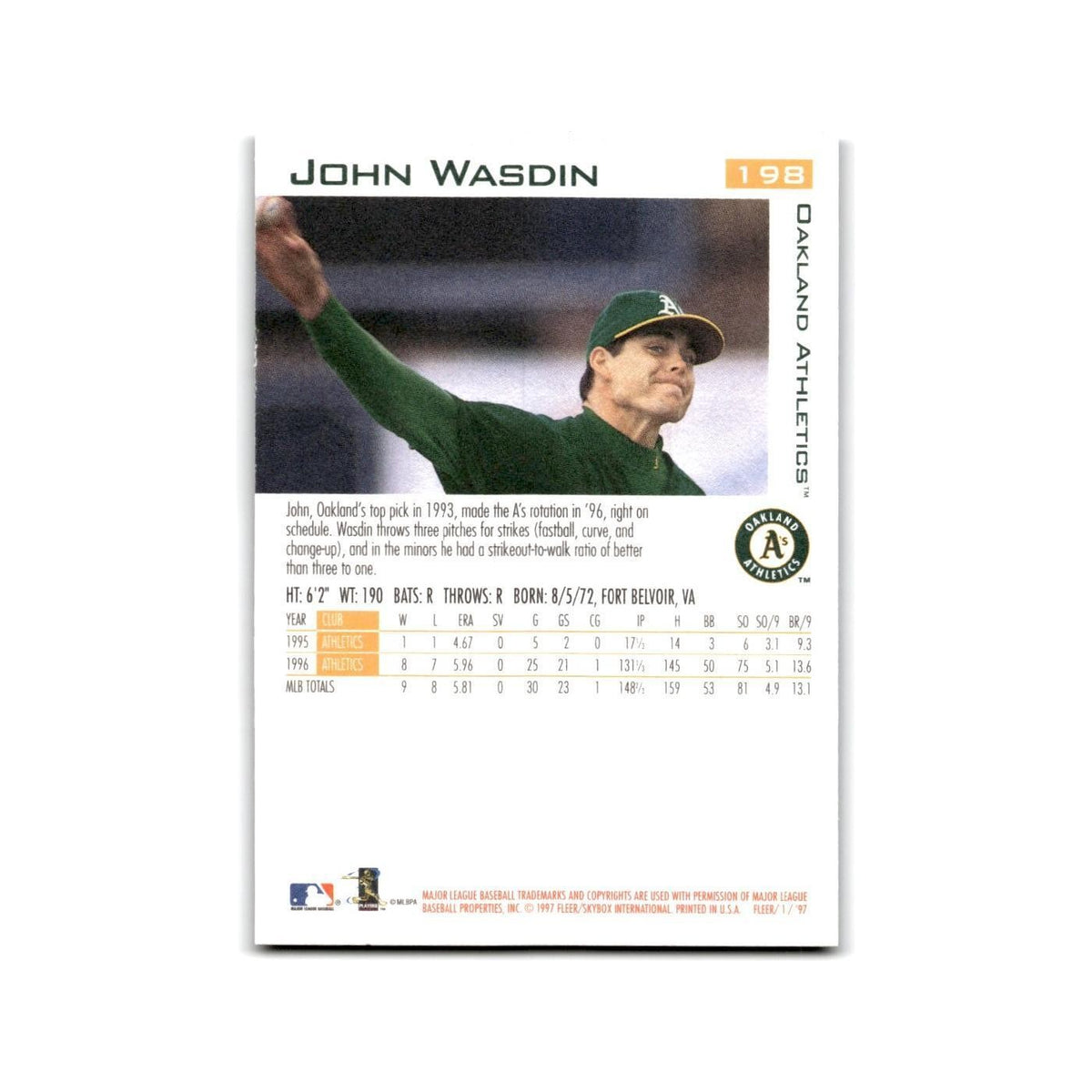 John Wasdin 1997 Fleer #198 Oakland Athletics Baseball Card NM