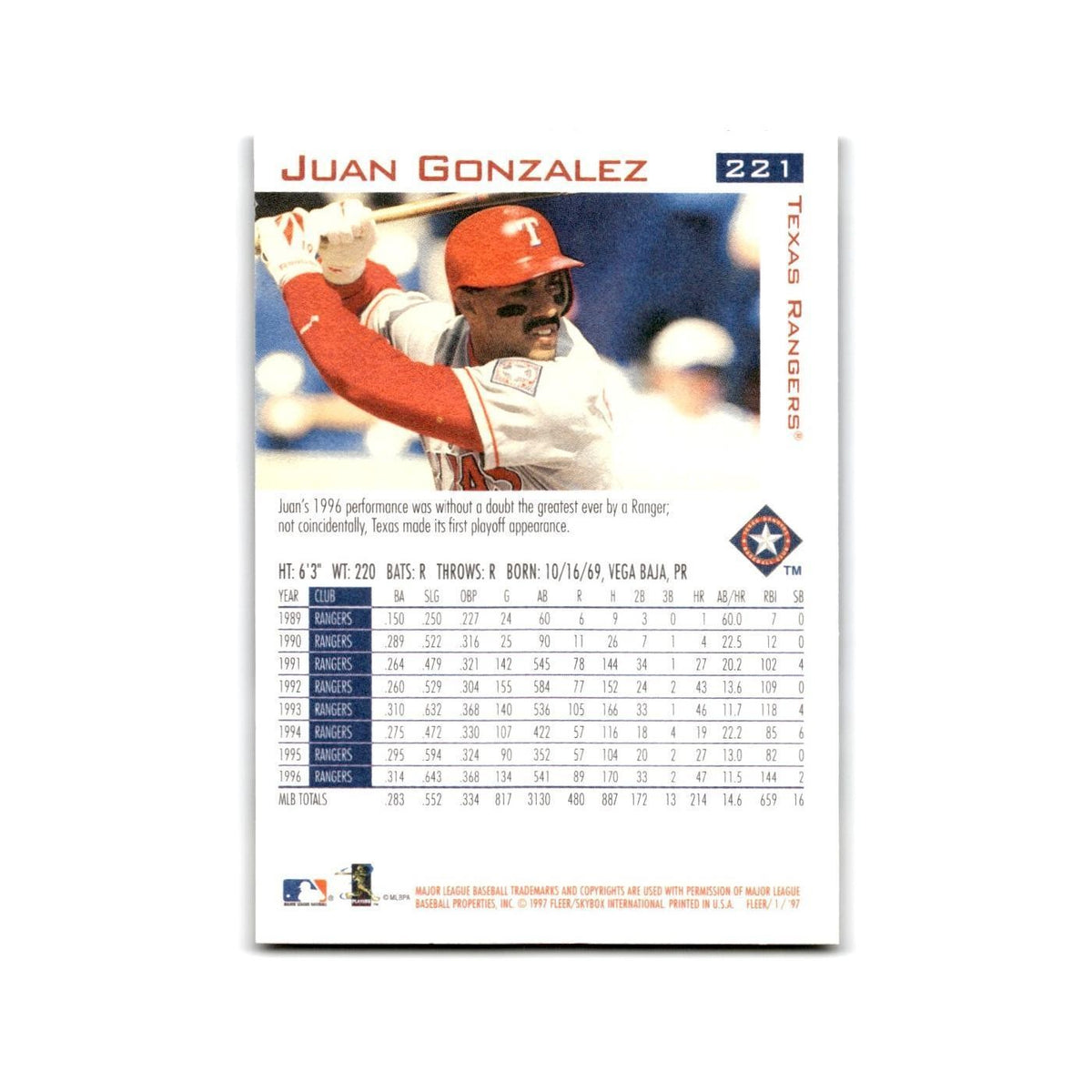 Juan Gonzalez 1997 Fleer #221 Texas Rangers Baseball Card NM