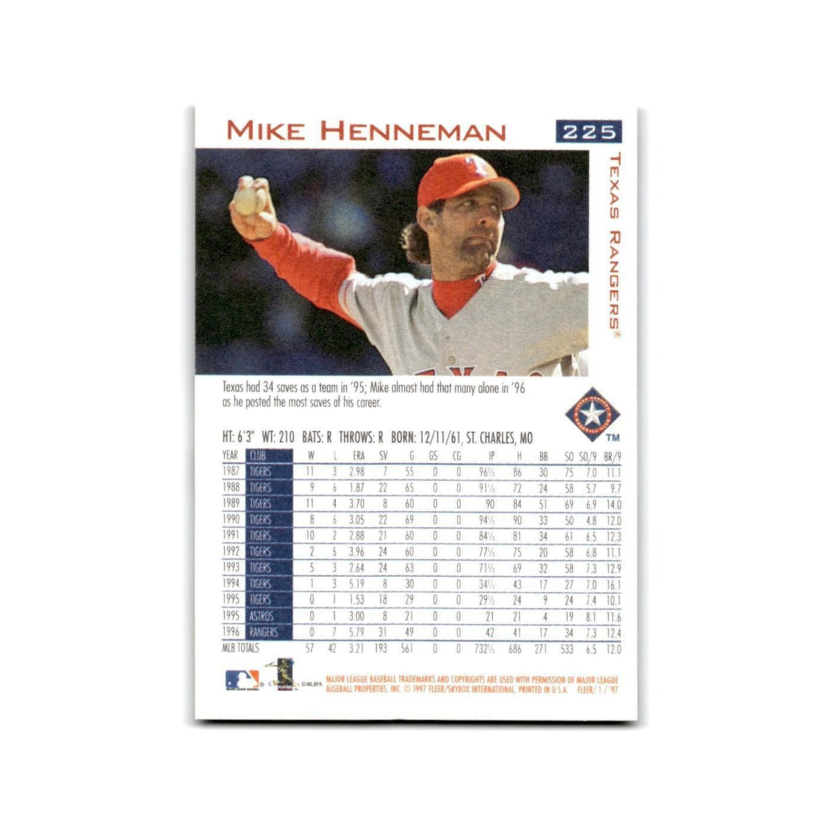 Mike Henneman 1997 Fleer #225 Texas Rangers Baseball Card NM