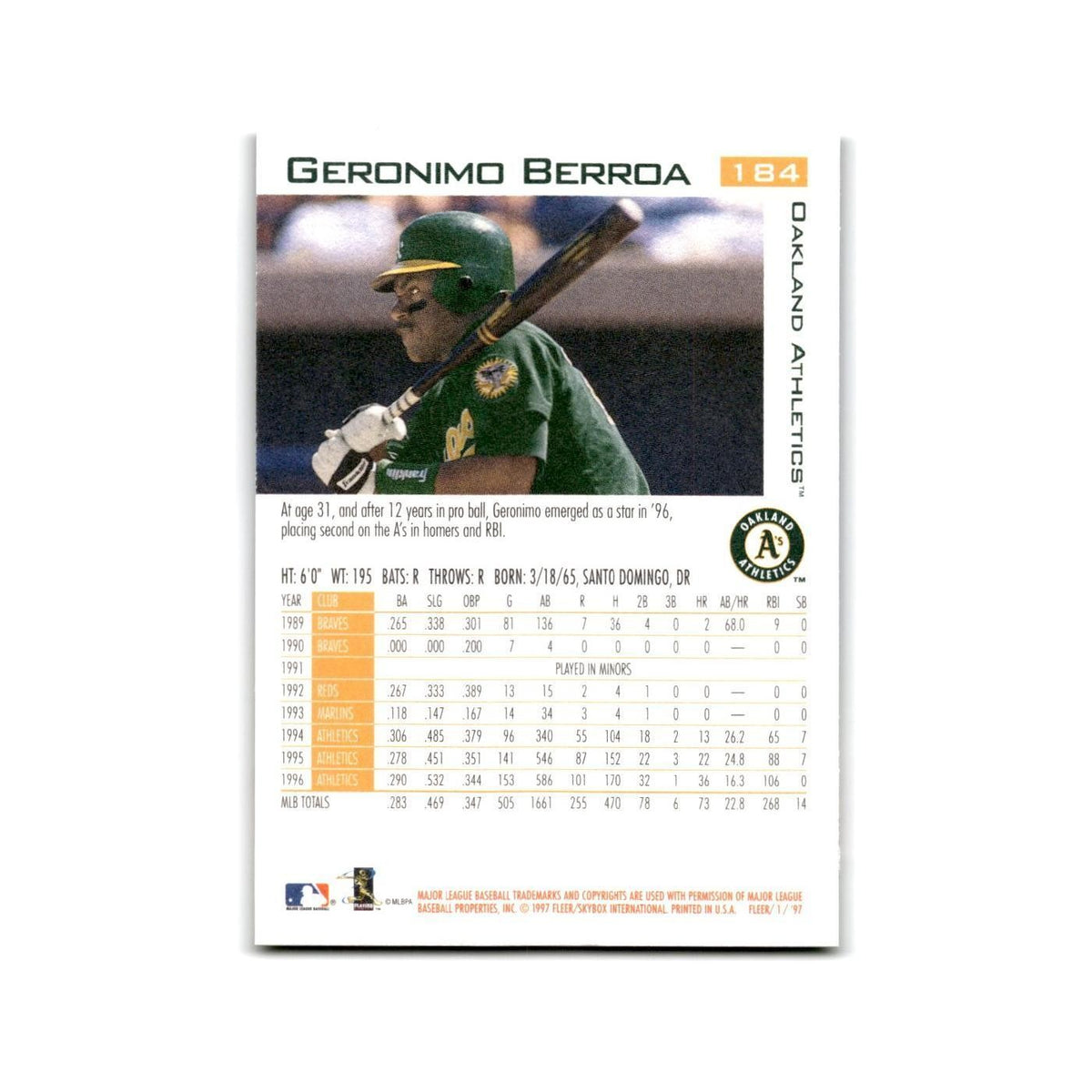 Geronimo Berroa 1997 Fleer #184 Oakland Athletics Baseball Card NM