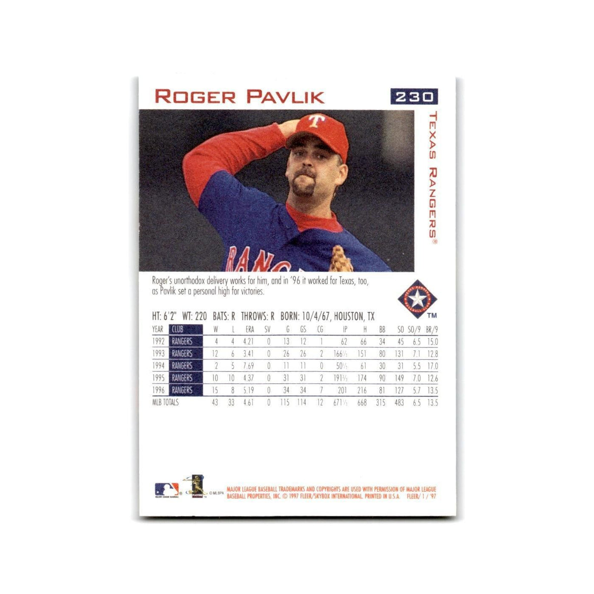 Roger Pavlik 1997 Fleer #230 Texas Rangers Baseball Card NM