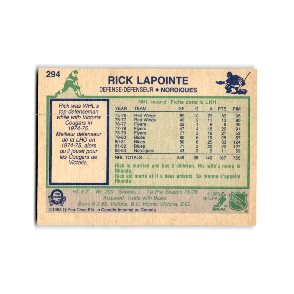 1983 O-Pee-Chee Rick Lapointe Quebec Nordiques #294
