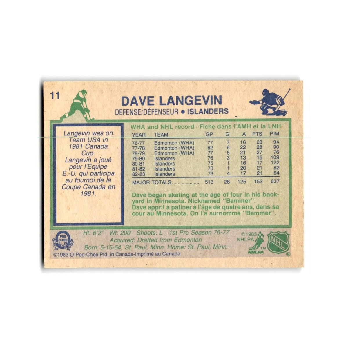 1983 O-Pee-Chee Dave Langevin New York Islanders #11