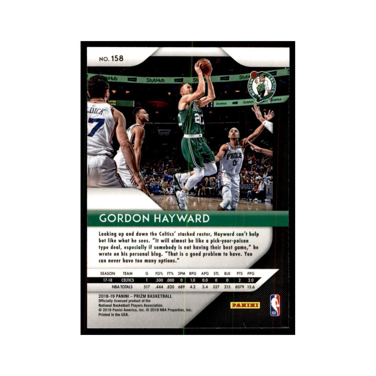 2018 Panini Prizm Gordon Hayward Basketball Cards #158