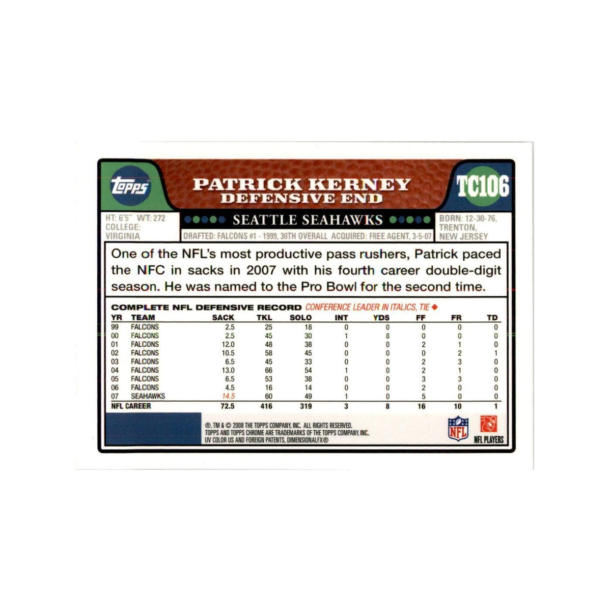 2008 Topps Chrome Patrick Kerney Football Cards #TC106