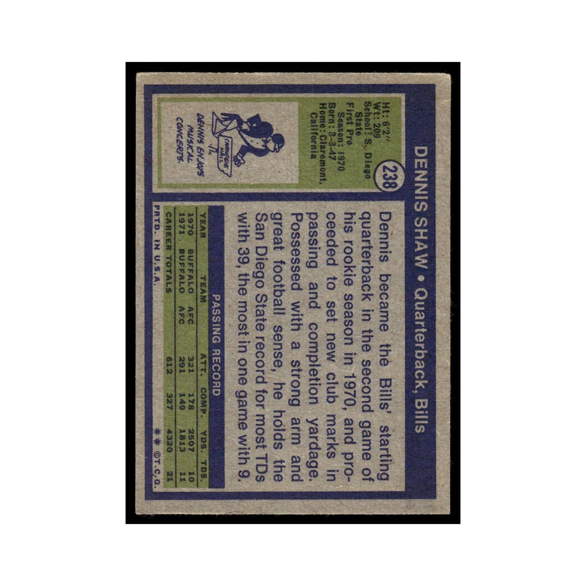 1972 Topps (Damaged) Dennis Shaw Bills #238