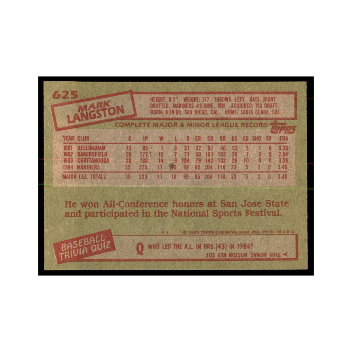 1985 Topps Mark Langston Baseball Cards #625