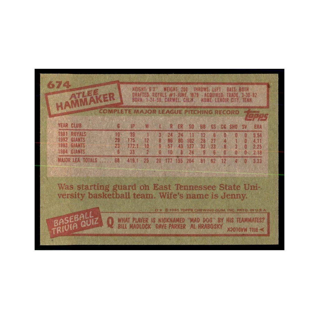 1985 Topps Atlee Hammaker Baseball Cards #674