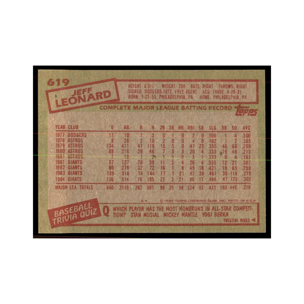 1985 Topps Jeff Leonard Baseball Cards #619