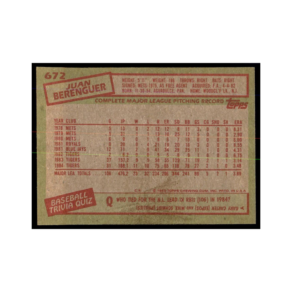 1985 Topps Juan Berenguer Baseball Cards #672