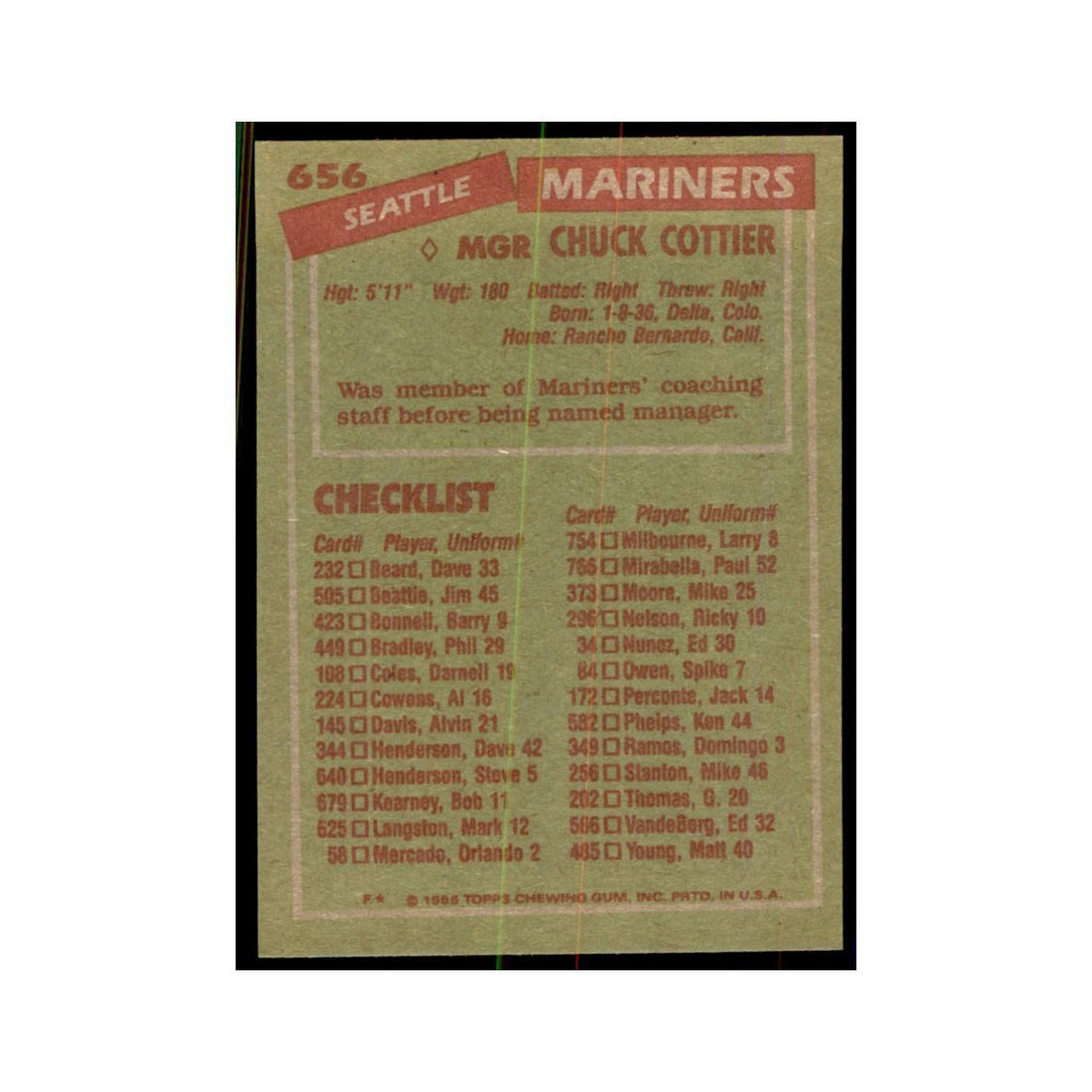 1985 Topps Chuck Cottier Baseball Cards #656