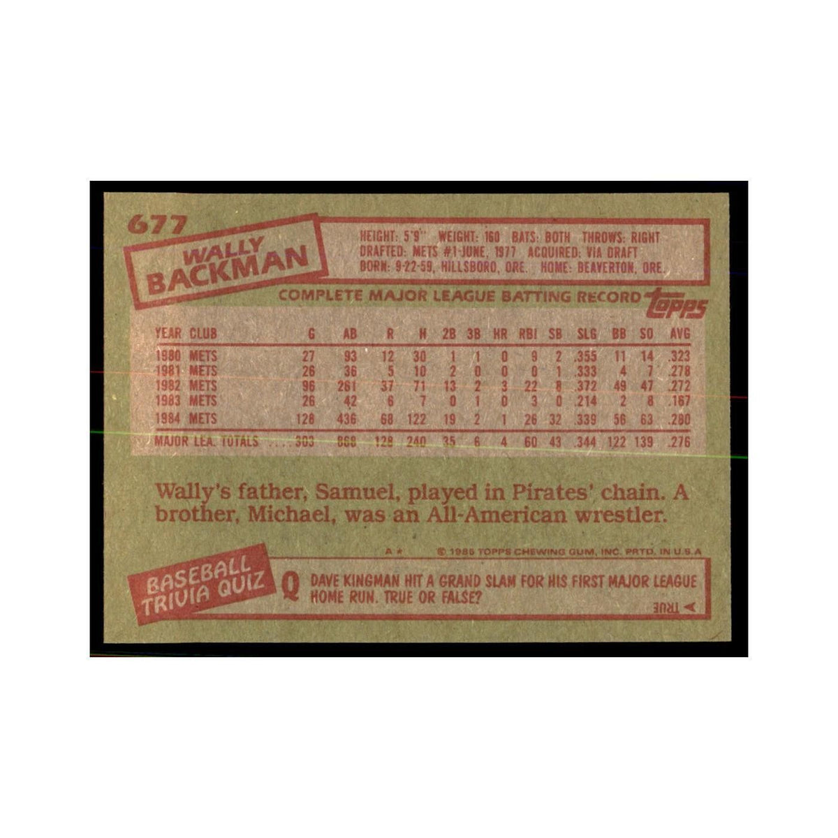 1985 Topps Wally Backman Baseball Cards #677