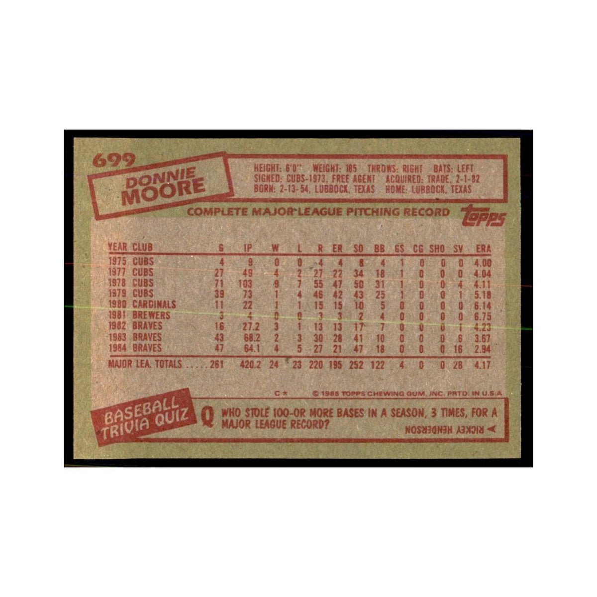 1985 Topps Donnie Moore Baseball Cards #699