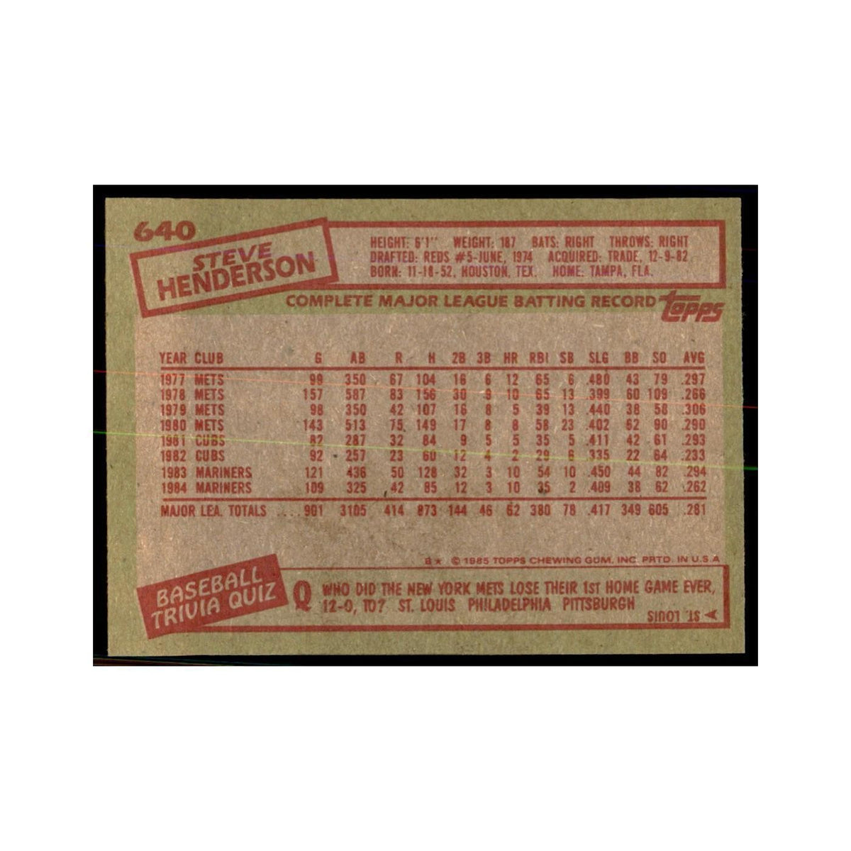 1985 Topps Steve Henderson Baseball Cards #640