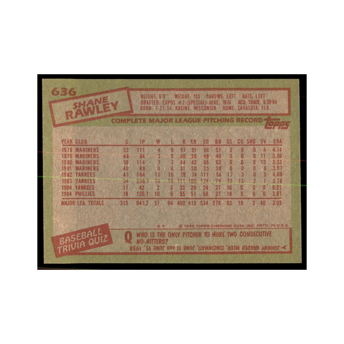 1985 Topps Shane Rawley Baseball Cards #636