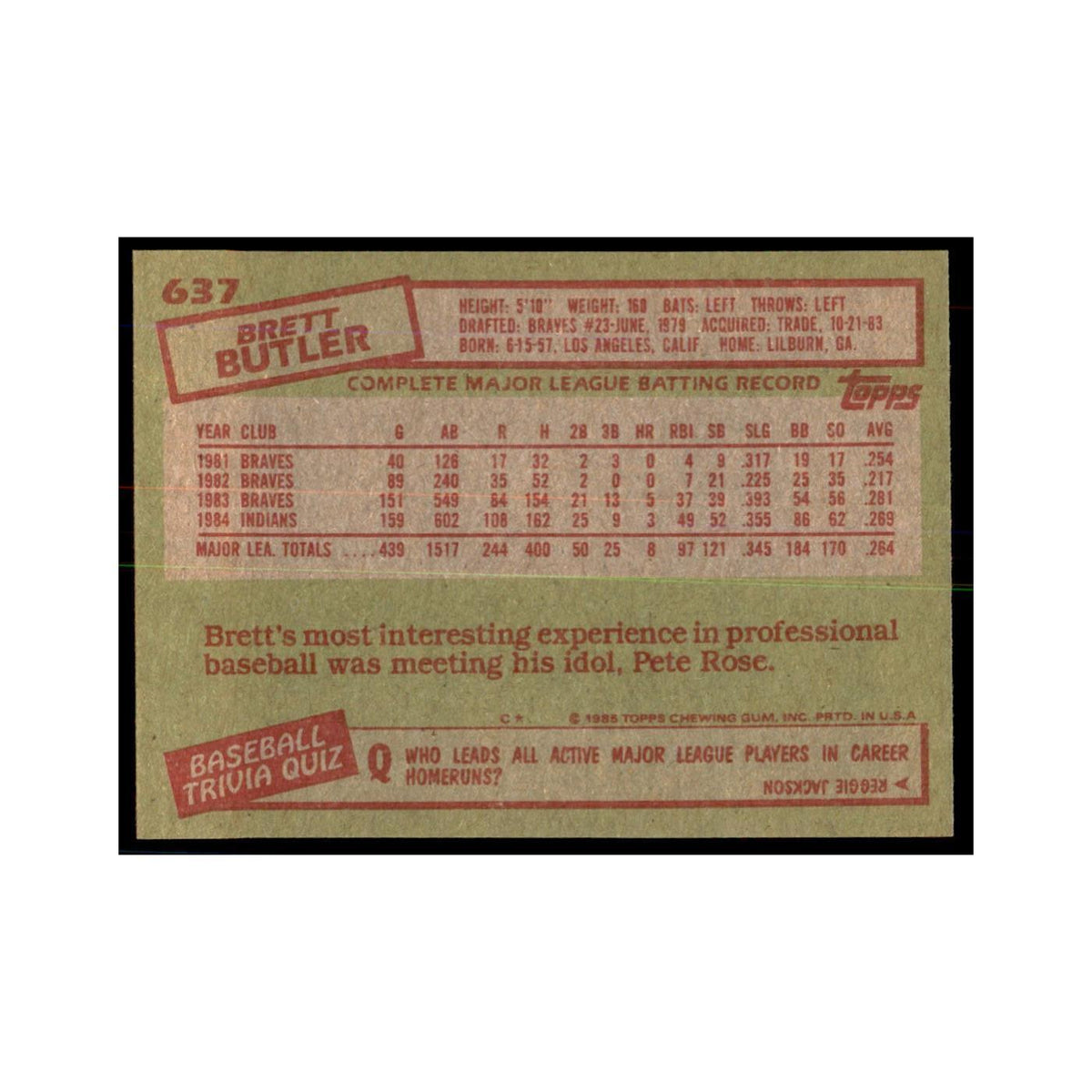 1985 Topps Brett Butler Baseball Cards #637
