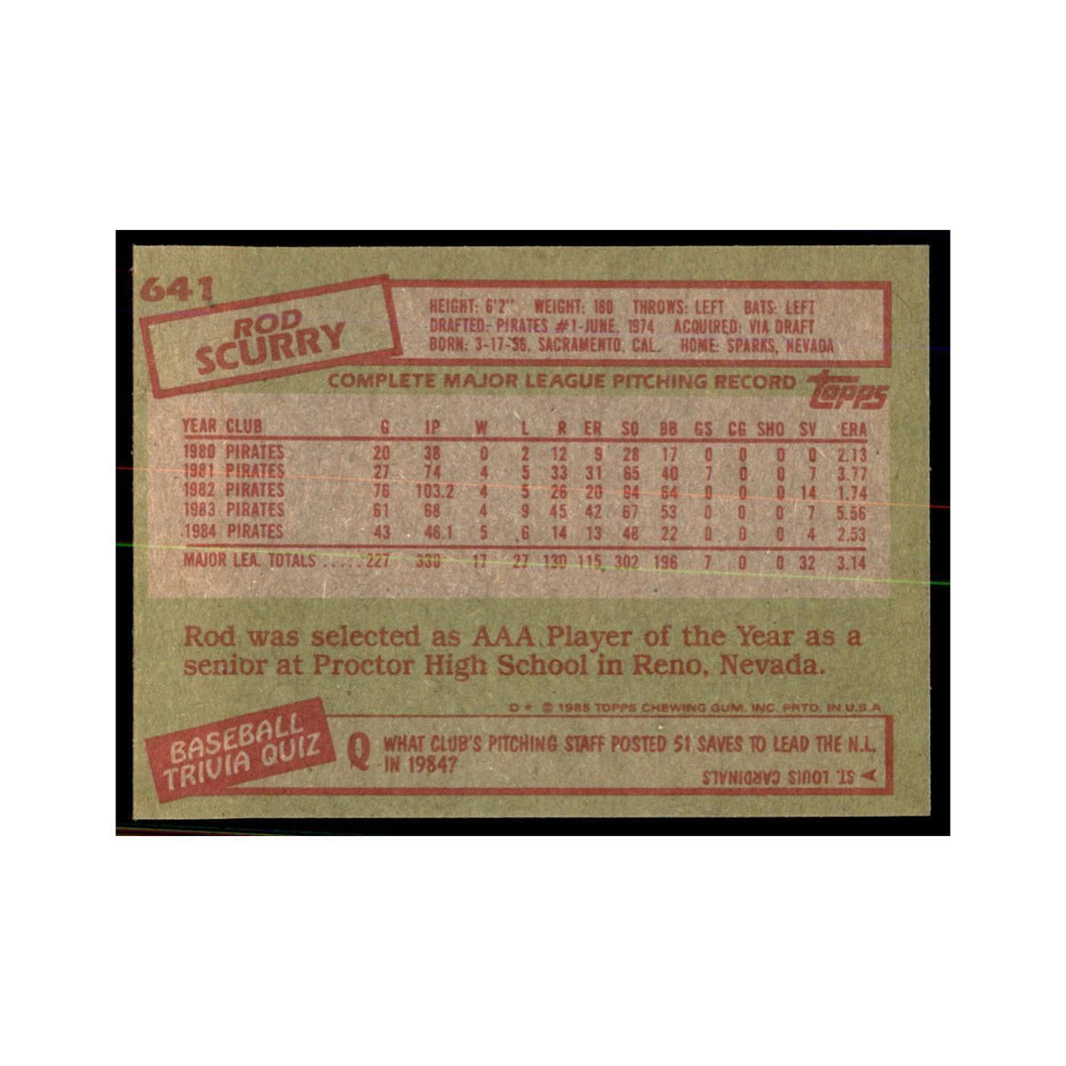 1985 Topps Rod Scurry Baseball Cards #641