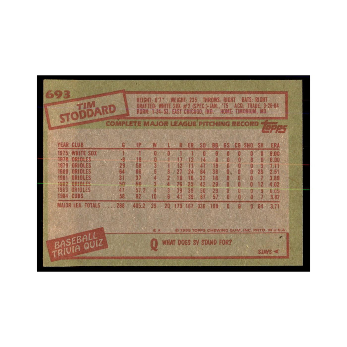 1985 Topps Tim Stoddard Baseball Cards #693