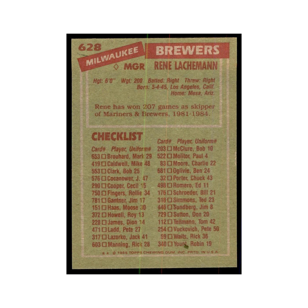 1985 Topps Rene Lachemann Baseball Cards #628