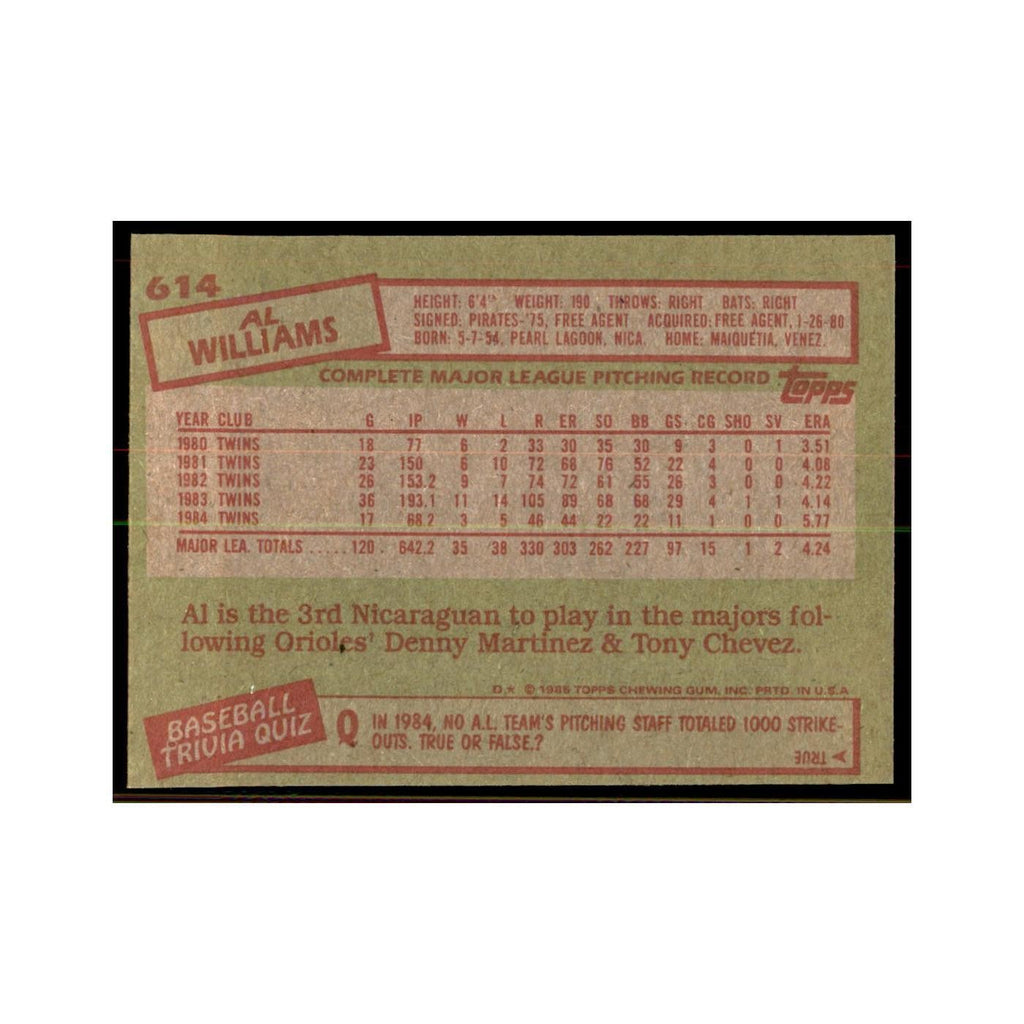 1985 Topps Al Williams Baseball Cards #614