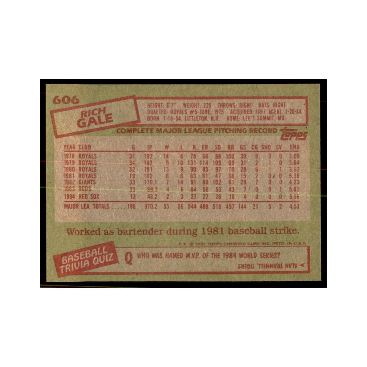 1985 Topps Rich Gale Baseball Cards #606
