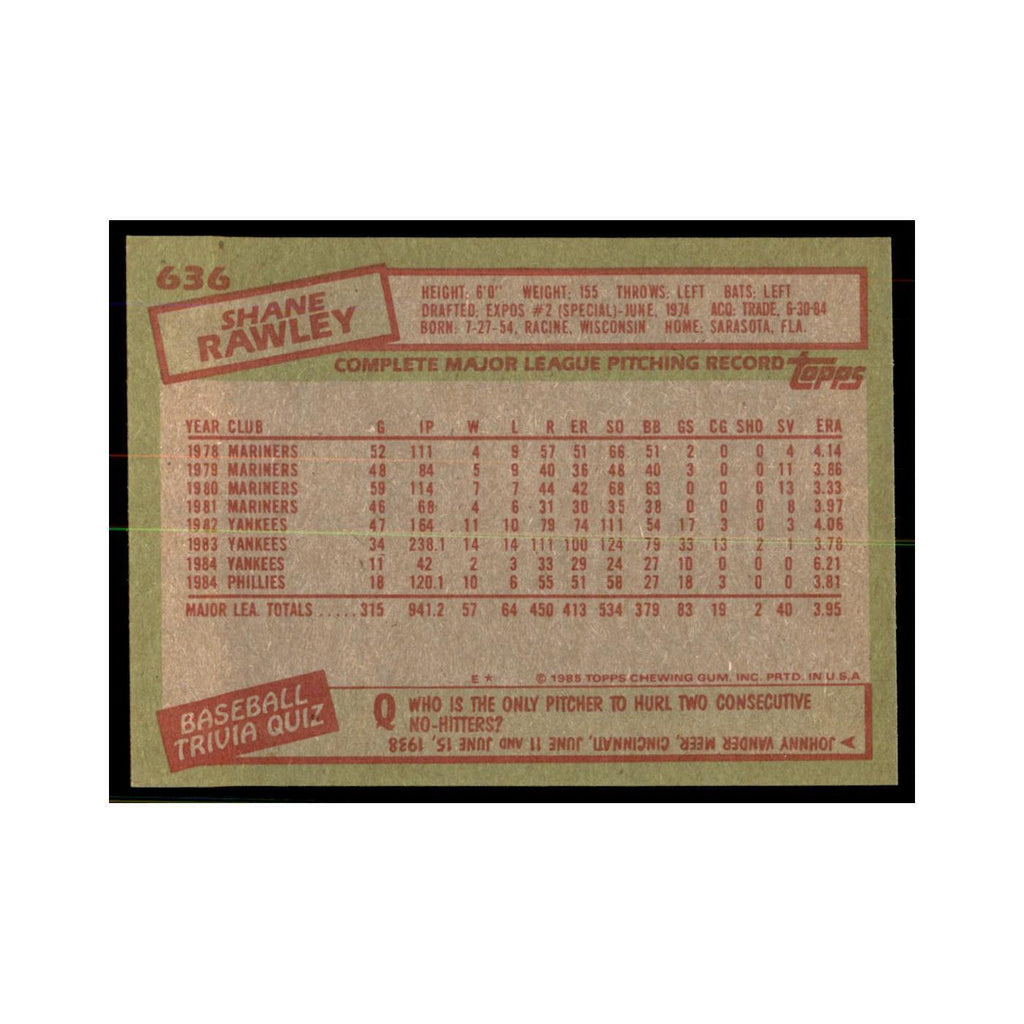 1985 Topps Shane Rawley Baseball Cards #636