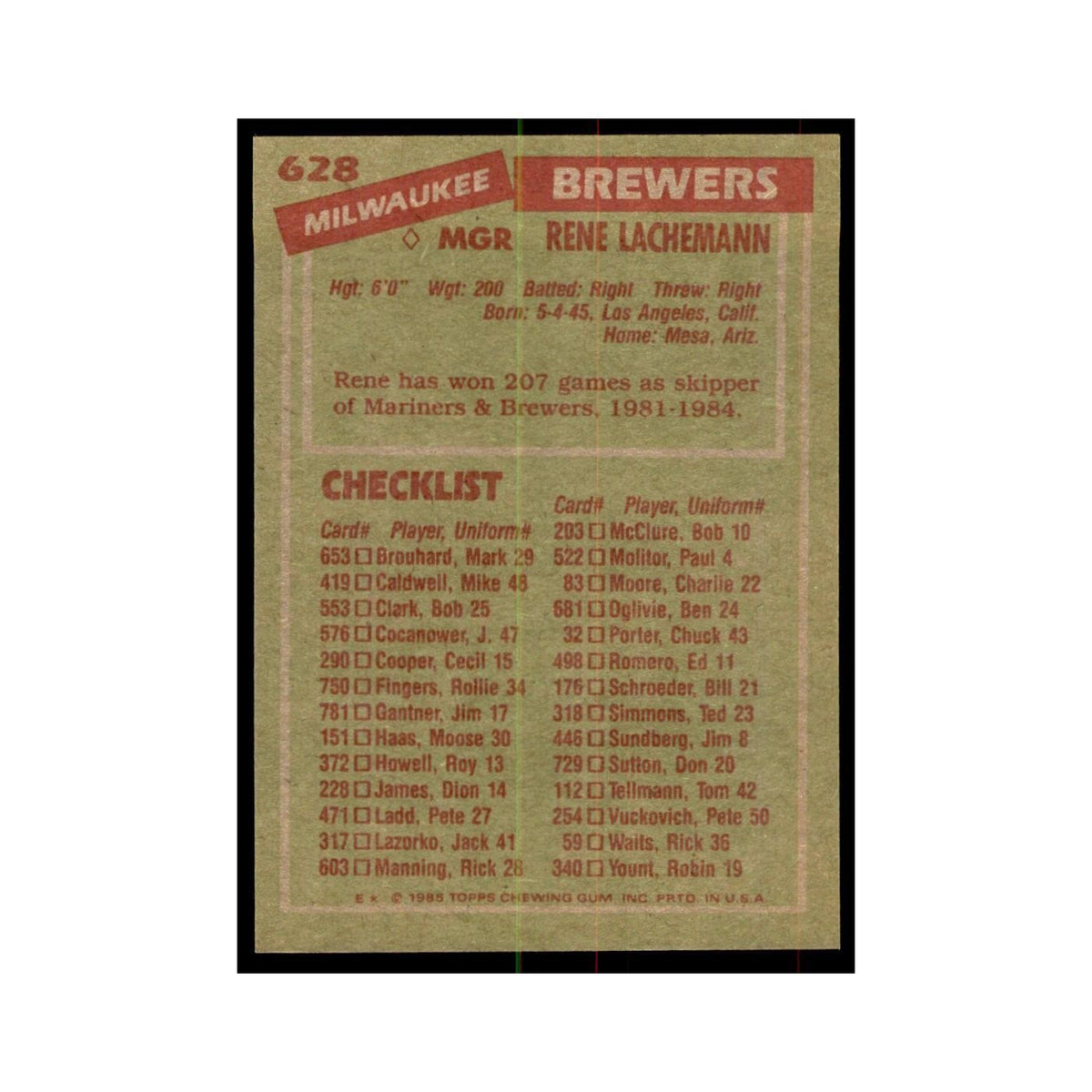 1985 Topps Rene Lachemann Baseball Cards #628