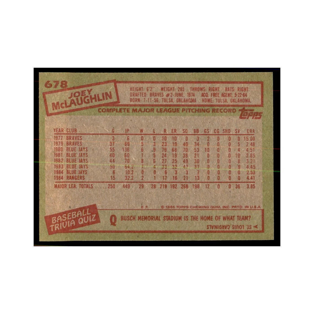 1985 Topps Joey McLaughlin Baseball Cards #678