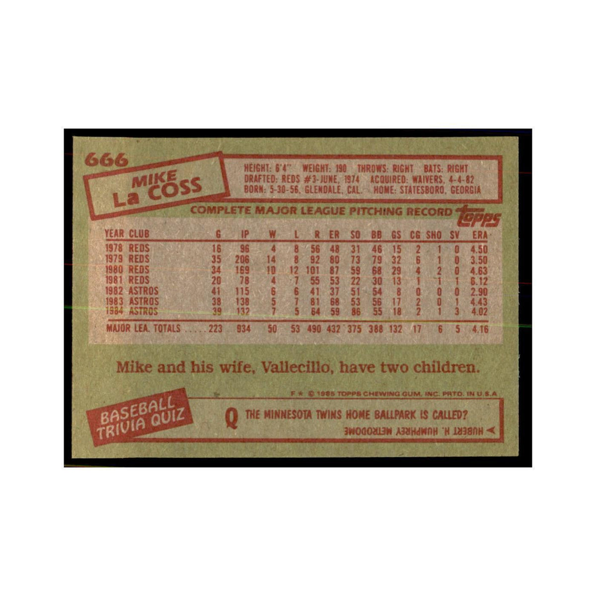1985 Topps Mike LaCoss Baseball Cards #666