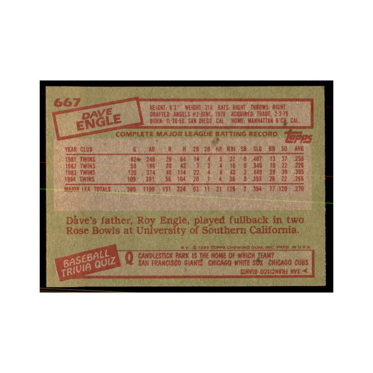 1985 Topps Dave Engle Baseball Cards #667