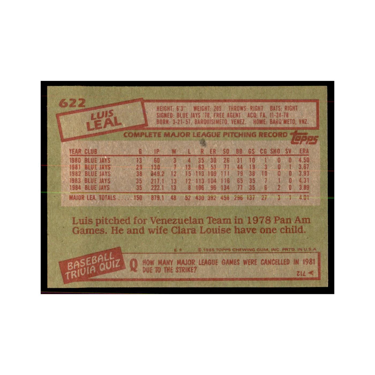 1985 Topps Luis Leal Baseball Cards #622