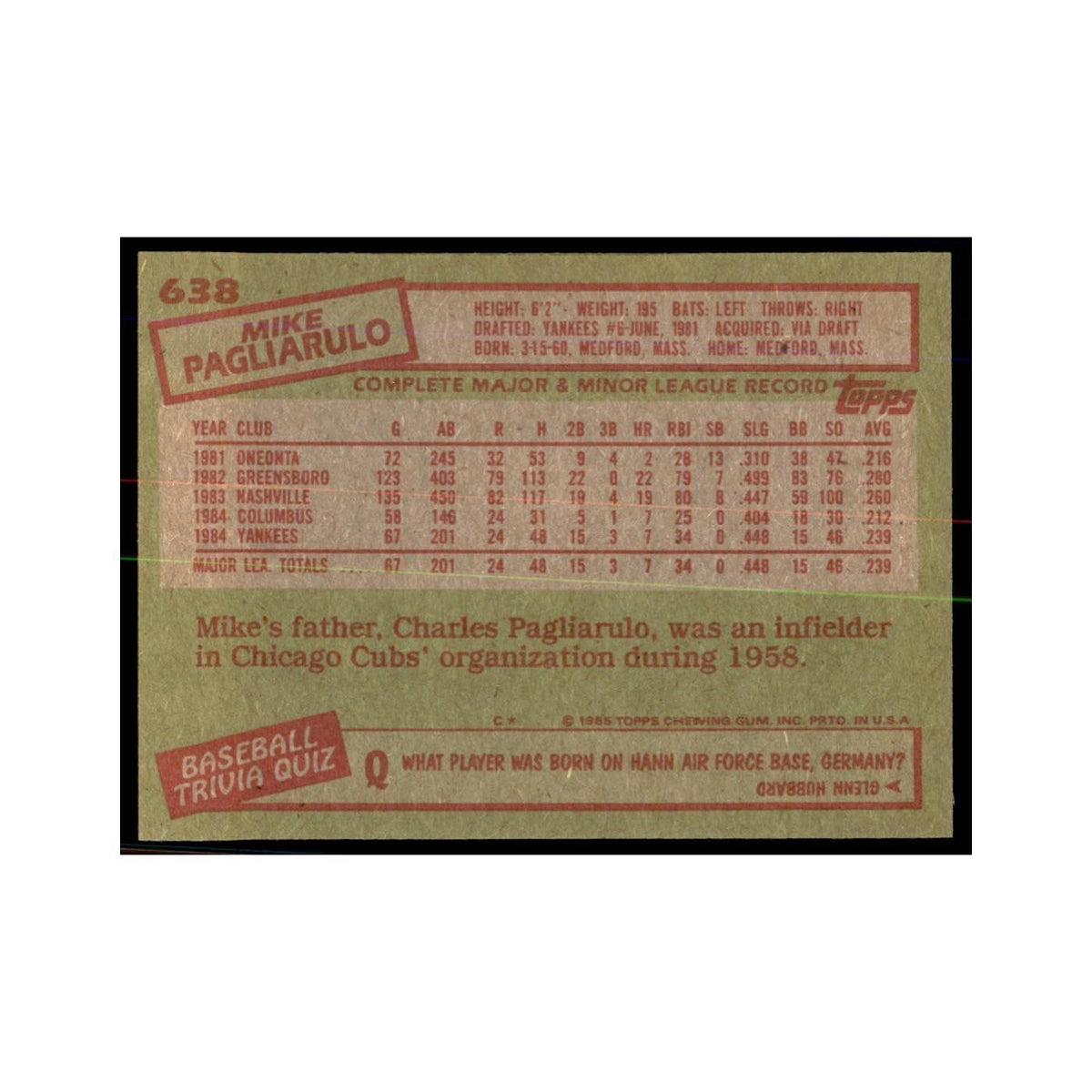 1985 Topps Mike Pagliarulo Baseball Cards #638