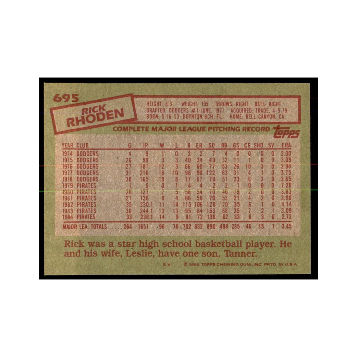 1985 Topps Rick Rhoden Baseball Cards #695