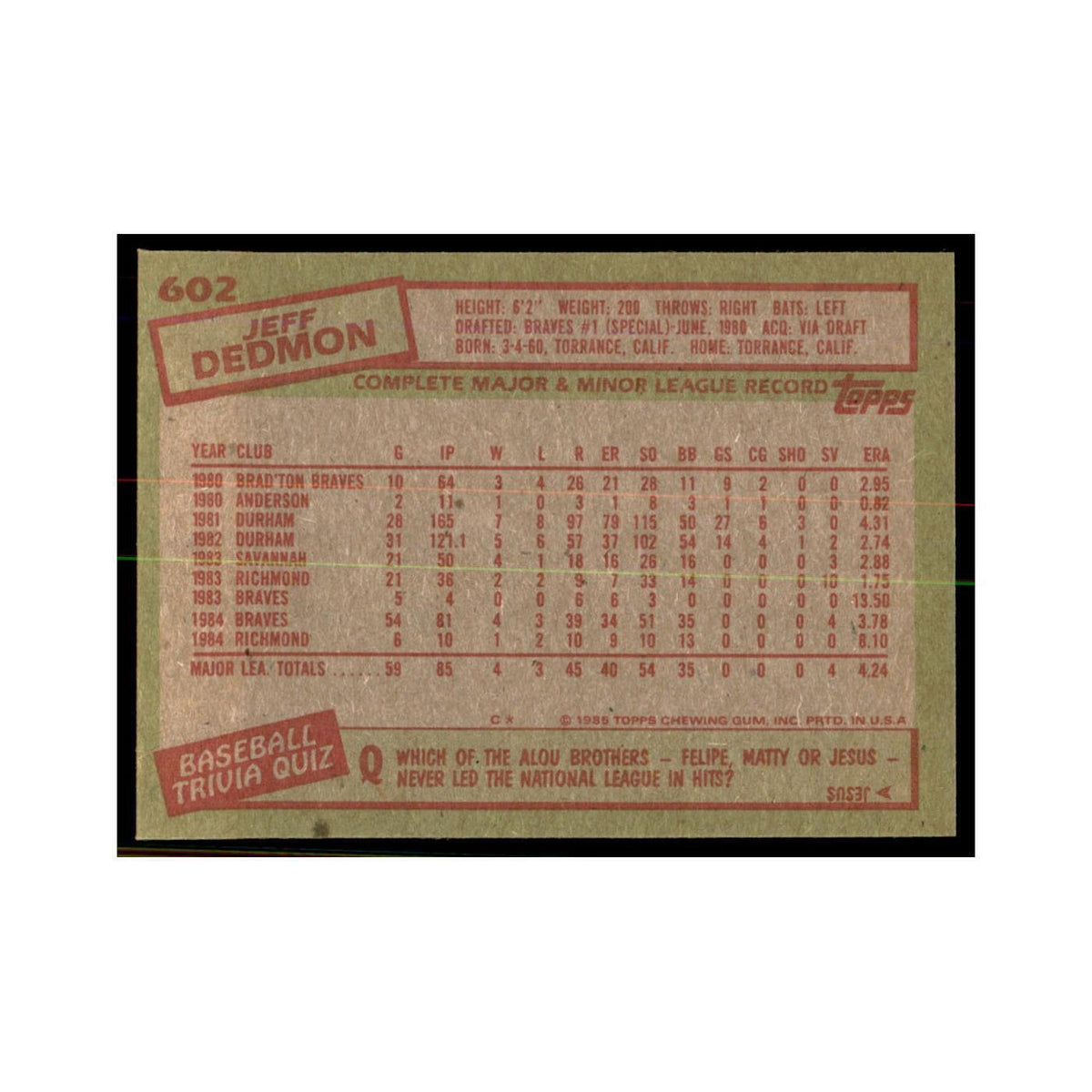 1985 Topps Jeff Dedmon Baseball Cards #602