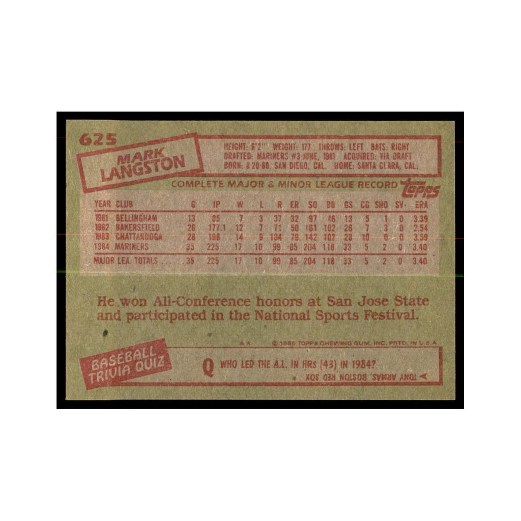 1985 Topps Mark Langston Baseball Cards #625