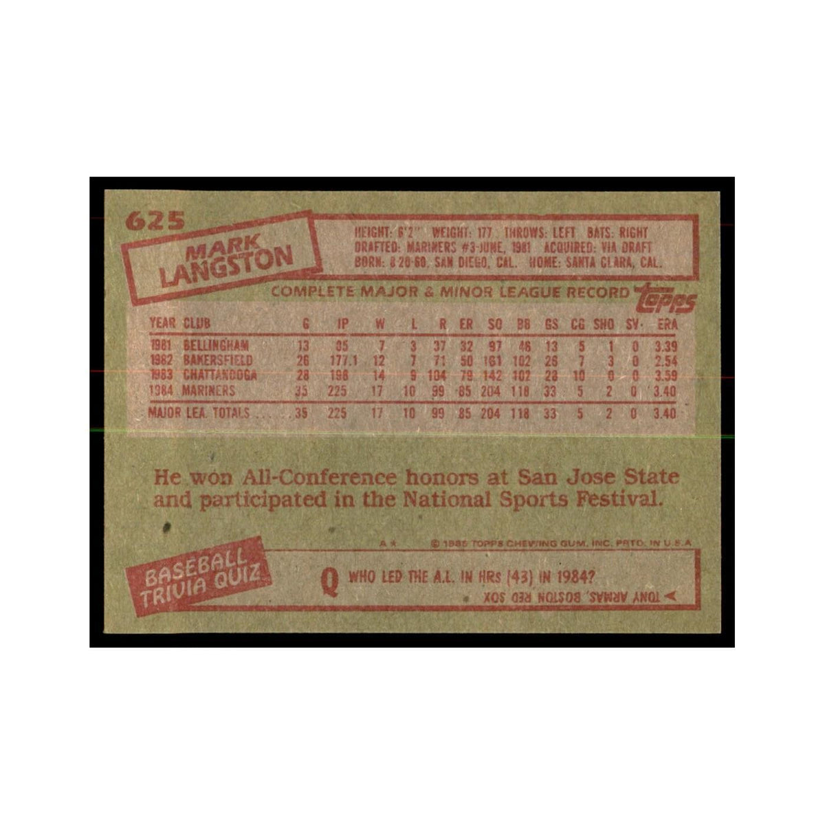 1985 Topps Mark Langston Baseball Cards #625