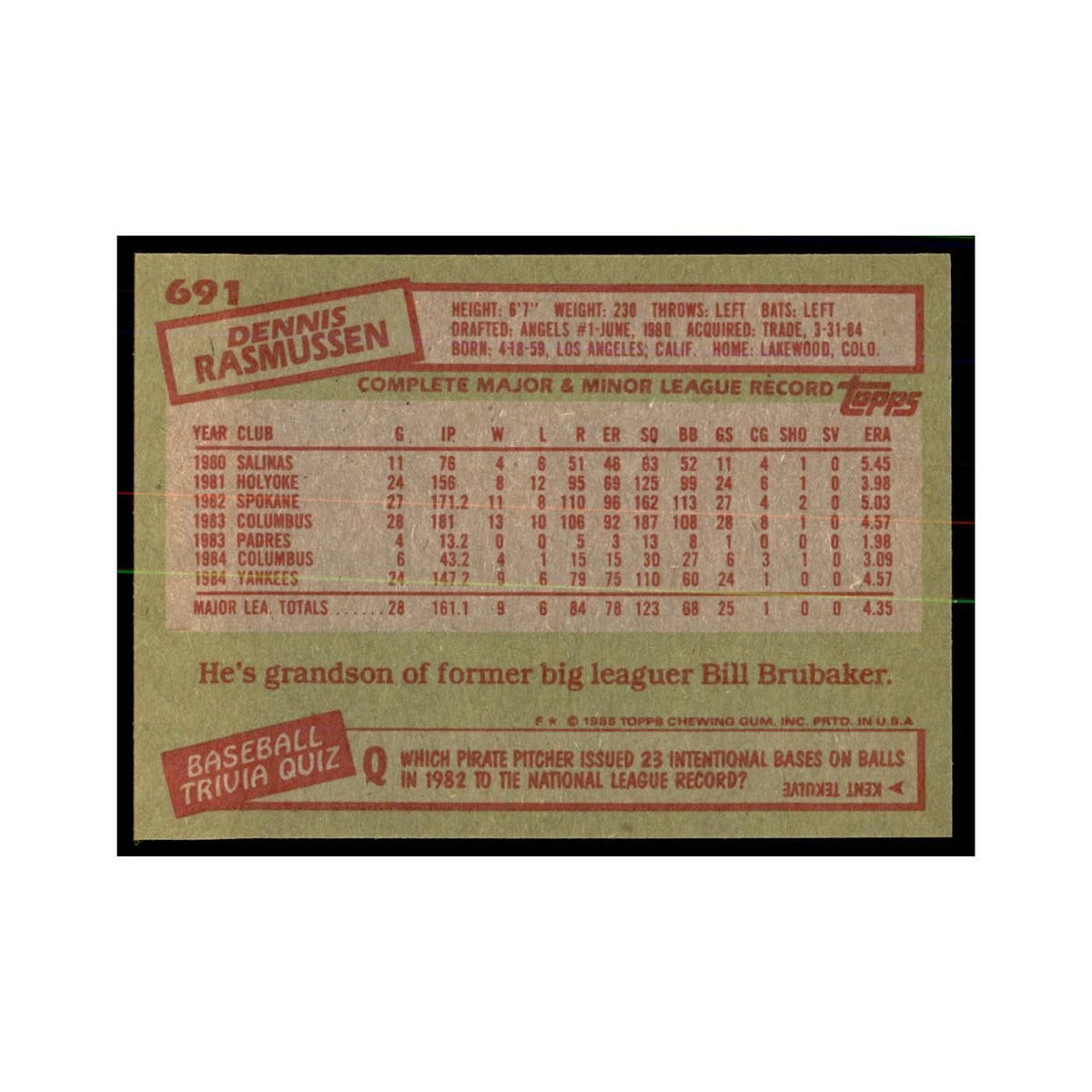 1985 Topps Dennis Rasmussen Baseball Cards #691