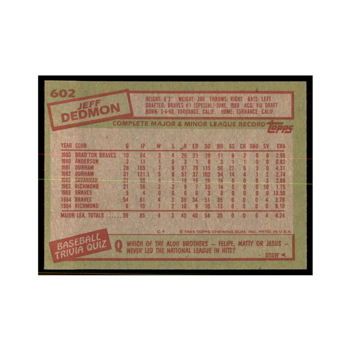 1985 Topps Jeff Dedmon Baseball Cards #602
