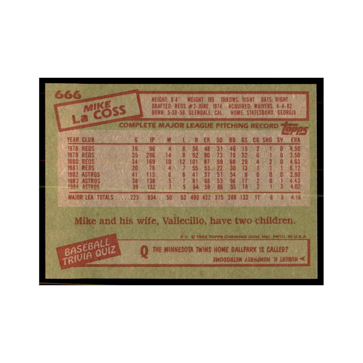 1985 Topps Mike LaCoss Baseball Cards #666