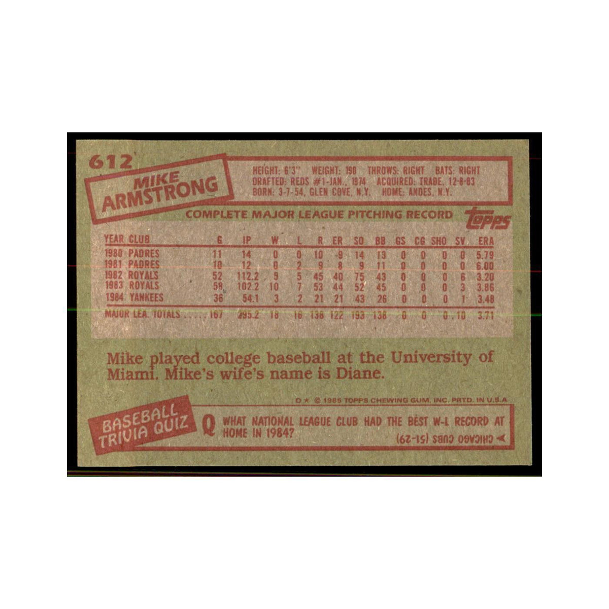 1985 Topps Mike Armstrong Baseball Cards #612
