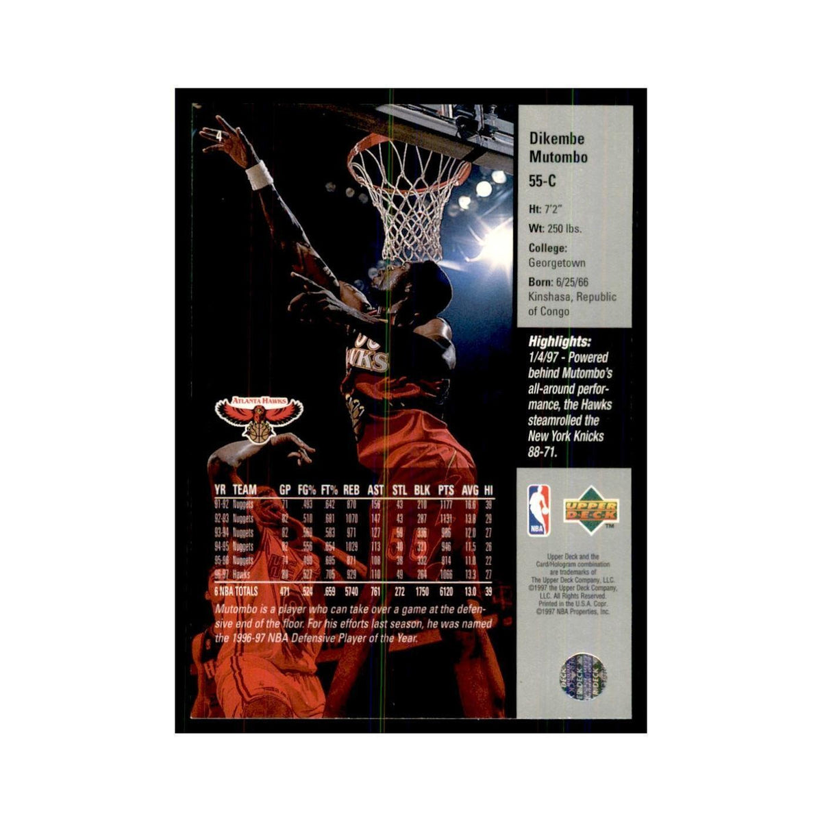 Dikembe Mutombo 1997 Upper Deck Game Dated Memorable Moments #4 Atlanta Hawks NM