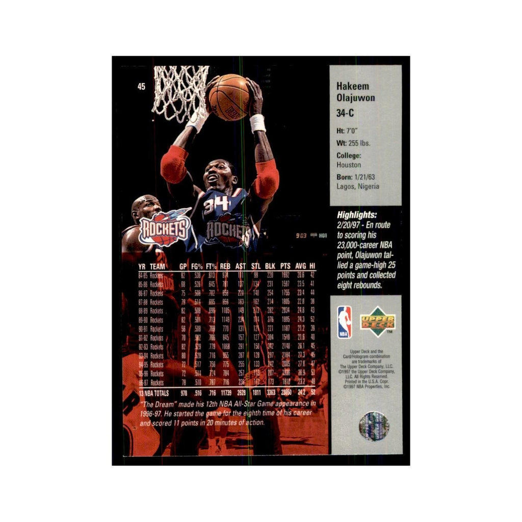 Hakeem Olajuwon 1997 Upper Deck Game Dated Memorable Moments #45 Rockets NM
