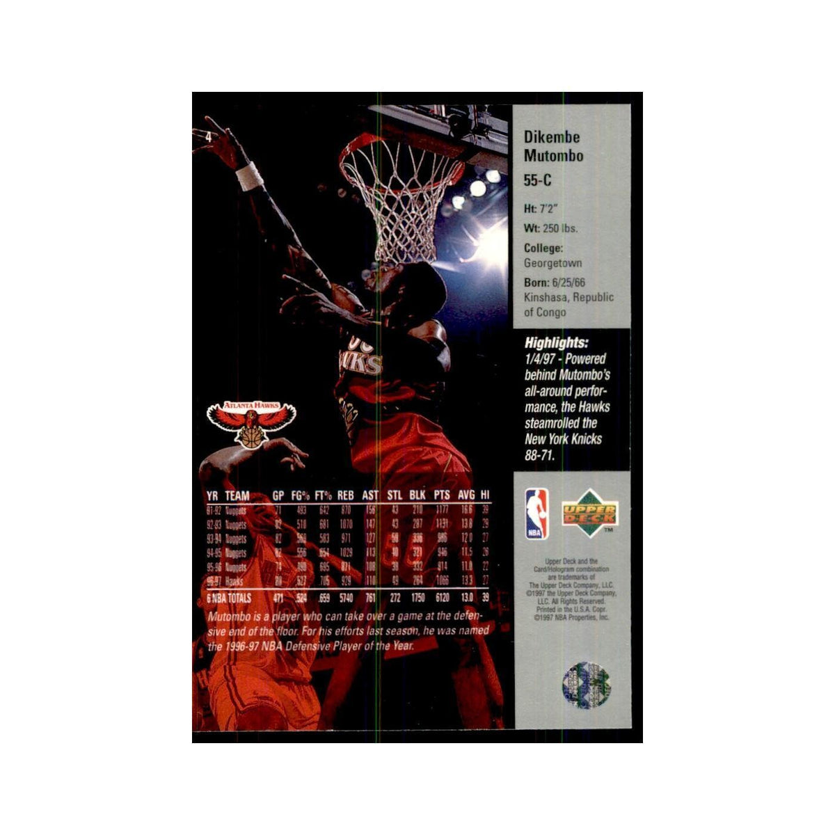 Dikembe Mutombo 1997 Upper Deck Game Dated Memorable Moments #4 Atlanta Hawks NM