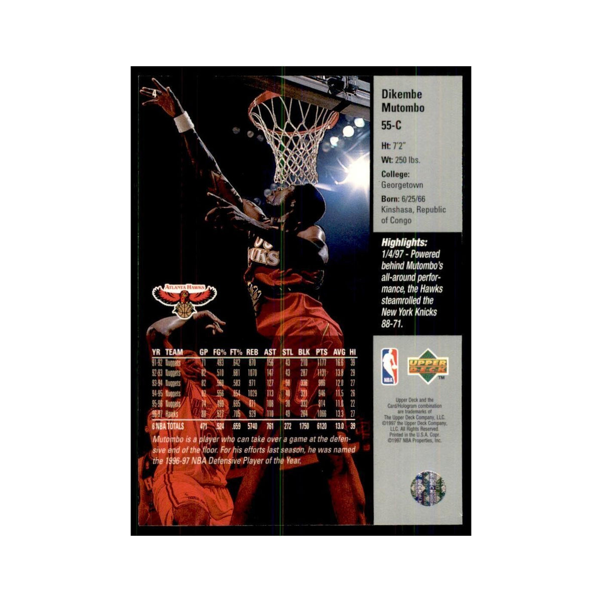 Dikembe Mutombo 1997 Upper Deck Game Dated Memorable Moments #4 Atlanta Hawks NM