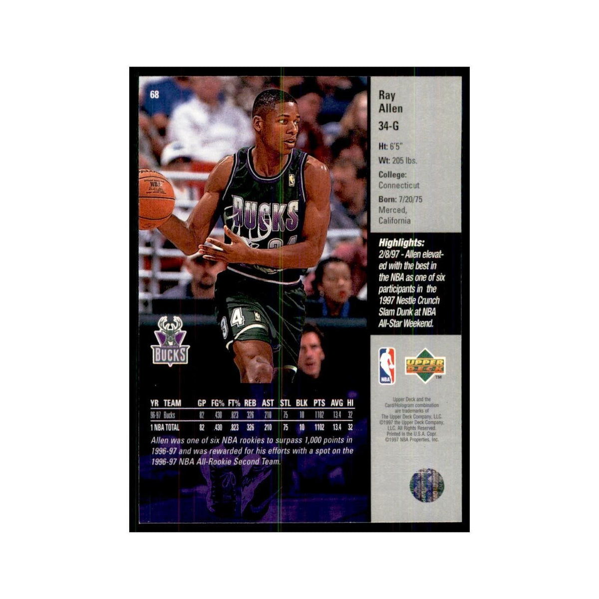 Ray Allen 1997 Upper Deck #68 Milwaukee Bucks Basketball Card NM