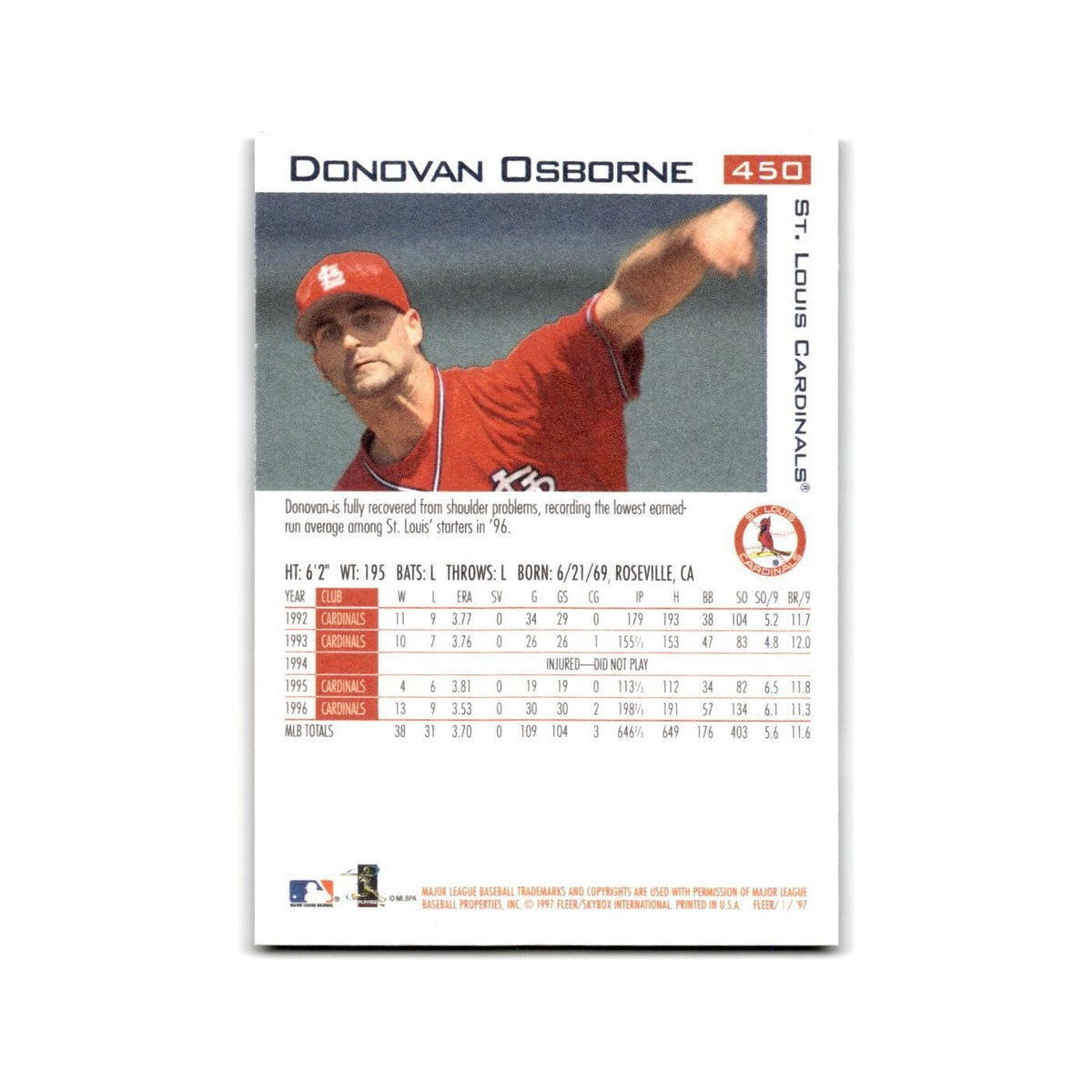 Donovan Osborne 1997 Fleer #450 St. Louis Cardinals Baseball Card NM
