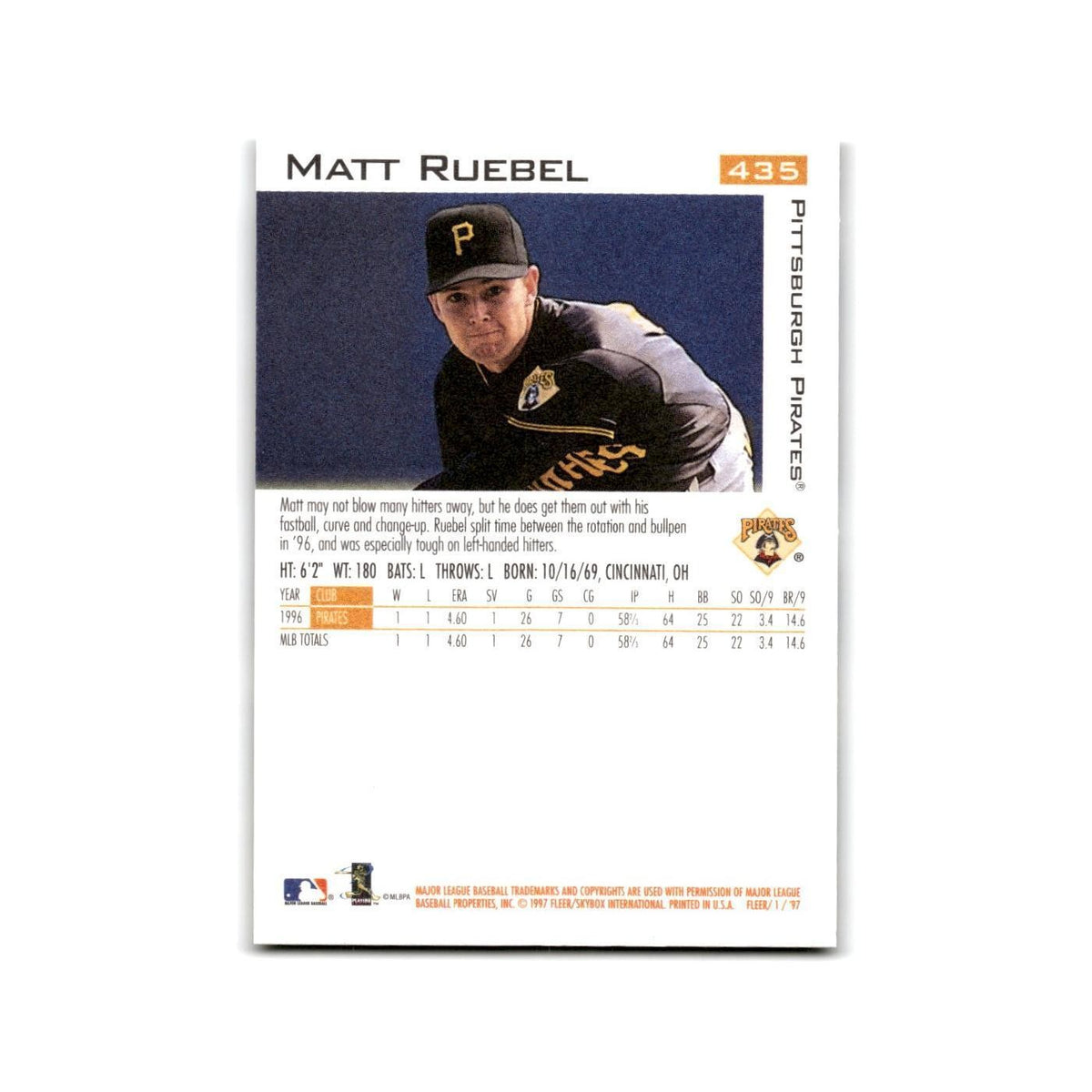 Matt Ruebel 1997 Fleer #435 Pittsburgh Pirates Baseball Card NM